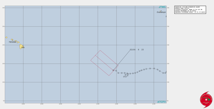 REMNANTS OF TD 09E. TROPICAL CYCLONE FORMATION ALERT ISSUED AT 02/2330UTC.1. FORMATION OF A SIGNIFICANT TROPICAL CYCLONE IS POSSIBLE WITHIN 110 NM EITHER SIDE OF A LINE FROM 13.1N 130.8W TO 17.3N 135.7W WITHIN THE NEXT 12 TO 24 HOURS. AVAILABLE DATA DOES NOT JUSTIFY ISSUANCE OF NUMBERED TROPICAL CYCLONE WARNINGS AT THIS TIME. WINDS IN THE AREA ARE ESTIMATED TO BE 25 TO 30 KNOTS. METSAT IMAGERY AT 021808Z INDICATES THAT A CIRCULATION CENTER IS LOCATED NEAR 13.2N 130.9W. THE SYSTEM IS MOVING WESTWARD AT 15 KM/H. 2. REMARKS: THE AREA OF CONVECTION (INVEST 09E) HAS PERSISTED NEAR  13.2N 130.9W, APPROXIMATELY 2670 KM EAST-SOUTHEAST OF HILO, HAWAII.  ANIMATED MULTISPECTRAL SATELLITE IMAGERY AND A 022221UTC ASMR2 89GHZ  MICROWAVE IMAGE DEPICT A CONSOLIDATING LOW LEVEL CIRCULATION (LLC)  WITH FRAGMENTED BANDING AND FLARING CONVECTION. UPPER-LEVEL ANALYSIS  REVEALS A FAVORABLE ENVIRONMENT WITH LOW TO MODERATE VERTICAL WIND  SHEAR (10-15 KTS), GOOD EQUATORWARD OUTFLOW, AND WARM SEA SURFACE  TEMPERATURES (27-28C). GLOBAL MODELS ARE IN GOOD AGREEMENT THAT 09E  WILL CONTINUE TO TRACK GENERALLY NORTHWESTWARD AS IT INTENSIFIES.  MAXIMUM SUSTAINED SURFACE WINDS ARE ESTIMATED AT 25 TO 30 KNOTS. MINIMUM SEA LEVEL PRESSURE IS ESTIMATED TO BE NEAR 1000 MB. THE POTENTIAL FOR THE DEVELOPMENT OF A SIGNIFICANT TROPICAL CYCLONE WITHIN THE NEXT 24 HOURS IS HIGH.