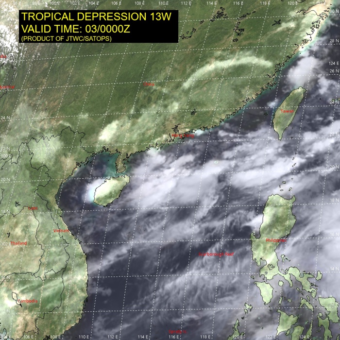 TD 13W. SATELLITE ANALYSIS, INITIAL POSITION AND INTENSITY DISCUSSION: ANIMATED MULTI-SPECTRAL SATELLITE IMAGERY (MSI) DEPICTS A PARTIALLY EXPOSED LOW LEVEL CIRCULATION CENTER (LLCC) WITH THE STRONGEST CONVECTION OFFSET TO THE SOUTHWEST. THE INITIAL POSITION IS PLACED WITH MEDIUM CONFIDENCE BASED ON THE PARTIALLY EXPOSED LLCC IN MSI. THE INITIAL INTENSITY OF 25 KNOTS IS ASSESSED WITH MEDIUM CONFIDENCE BASED ON DVORAK INTENSITY ESTIMATES. TD 13W. SATELLITE ANALYSIS, INITIAL POSITION AND INTENSITY DISCUSSION: ANIMATED MULTI-SPECTRAL SATELLITE IMAGERY (MSI) DEPICTS A PARTIALLY EXPOSED LOW LEVEL CIRCULATION CENTER (LLCC) WITH THE STRONGEST CONVECTION OFFSET TO THE SOUTHWEST. THE INITIAL POSITION IS PLACED WITH MEDIUM CONFIDENCE BASED ON THE PARTIALLY EXPOSED LLCC IN MSI. THE INITIAL INTENSITY OF 25 KNOTS IS ASSESSED WITH MEDIUM CONFIDENCE BASED ON DVORAK INTENSITY ESTIMATES.