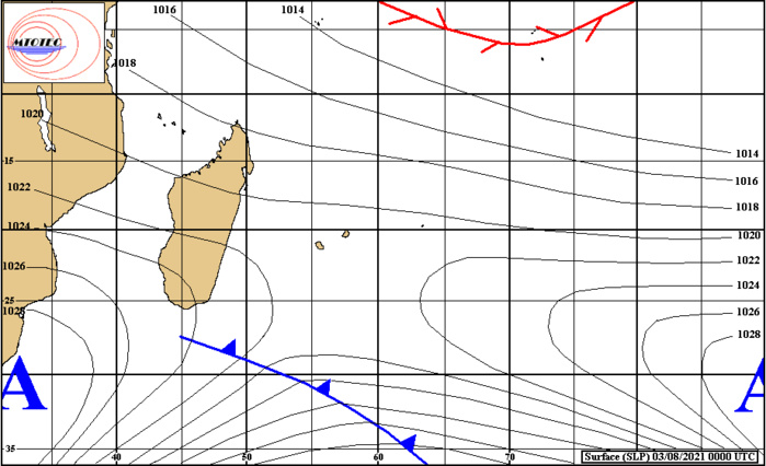 Analyse de la situation de surface ce matin à 04heures. Un système frontal remonte par le Sud-Ouest et touche la RÉUNION la nuit prochaine. Les vents se renforcent sur les faces Ouest et Est de la RÉUNION cet après-midi et la nuit prochaine. Ils se renforcent assez nettement sur MAURICE Mercredi.MTOTEC. Analyse de la situation de surface ce matin à 04heures. Un système frontal remonte par le Sud-Ouest et touche la RÉUNION la nuit prochaine. Les vents se renforcent sur les faces Ouest et Est de la RÉUNION cet après-midi et la nuit prochaine. Ils se renforcent assez nettement sur MAURICE Mercredi.MTOTEC.