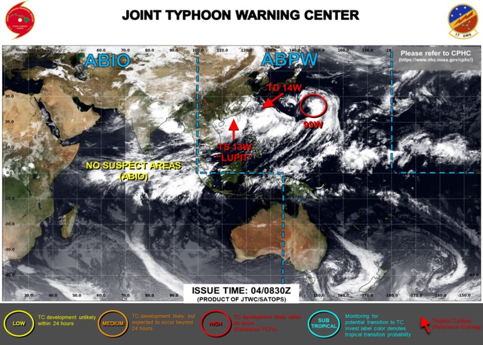 JTWC ARE ISSUING 6HOURLY WARINGS ON 13W. WARNING 5/FINAL WAS ISSUED ON 12W AT 03/09UTC. TROPICAL CYCLONE FORMATION ALERTS ARE IN FORCE FOR INVEST 97W AND INVEST 99W. 3HOURLY SATELLITE BULLETINS ARE ISSUED FOR 13W, 97W AND 99W. THEY WERE DISCONTINUED FOR 12W AT 05/00UTC.