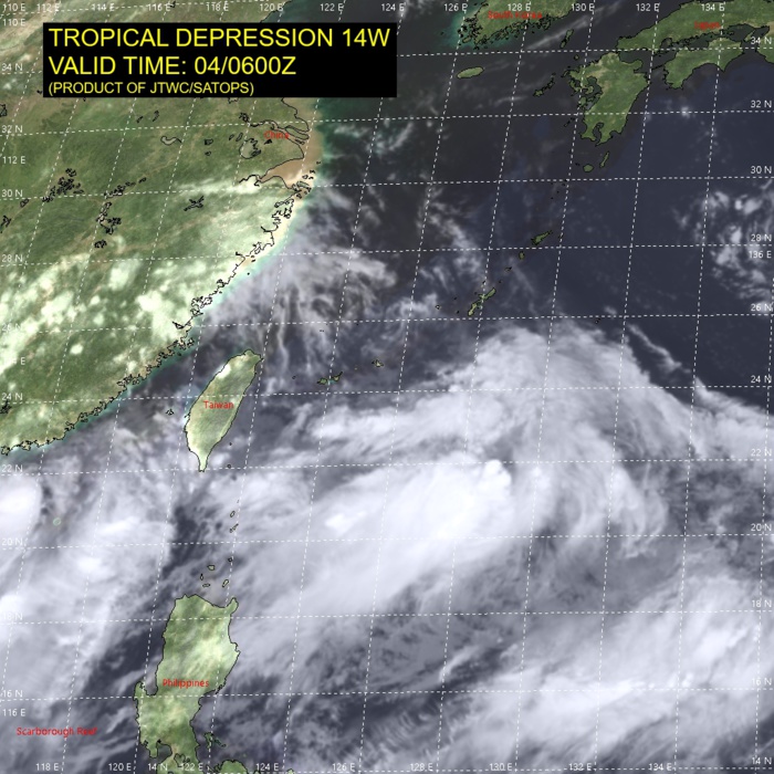 TD 14W. SATELLITE ANALYSIS, INITIAL POSITION AND INTENSITY DISCUSSION: ANIMATED MULTISPECTRAL SATELLITE IMAGERY (MSI) SHOWS A BROAD, LOOSELY ORGANIZED SYSTEM EMBEDDED IN THE MONSOON TROUGH WITH SEVERAL WEAK VORTICES, ONE TO THE NORTHWEST OF THE MAIN CONVECTION BECAME FULLY EXPOSED. THE INITIAL POSITION IS PLACED WITH LOW CONFIDENCE ON THE CENTROID OF THE SPINNERS. THE INITIAL INTENSITY IS ASSESSED WITH MEDIUM CONFIDENCE BASED ON THE HIGH END OF AGENCY DVORAK FIXES. THE SYSTEM IS IN FAVORABLE ENVIRONMENT WITH LOW VWS, MODERATE EQUATORWARD OUTFLOW, AND WARM SSTS. TD 14W. SATELLITE ANALYSIS, INITIAL POSITION AND INTENSITY DISCUSSION: ANIMATED MULTISPECTRAL SATELLITE IMAGERY (MSI) SHOWS A BROAD, LOOSELY ORGANIZED SYSTEM EMBEDDED IN THE MONSOON TROUGH WITH SEVERAL WEAK VORTICES, ONE TO THE NORTHWEST OF THE MAIN CONVECTION BECAME FULLY EXPOSED. THE INITIAL POSITION IS PLACED WITH LOW CONFIDENCE ON THE CENTROID OF THE SPINNERS. THE INITIAL INTENSITY IS ASSESSED WITH MEDIUM CONFIDENCE BASED ON THE HIGH END OF AGENCY DVORAK FIXES. THE SYSTEM IS IN FAVORABLE ENVIRONMENT WITH LOW VWS, MODERATE EQUATORWARD OUTFLOW, AND WARM SSTS.