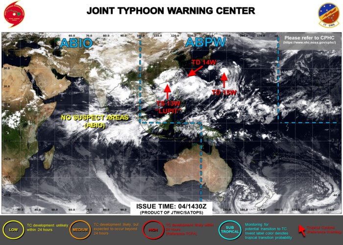 04/15UTC. JTWC ARE ISSUING 6HOURLY WARNINGS AND 3HOURLY SATELLITE BULLETINS ON 13W, 14W AND 15W. 04/15UTC. JTWC ARE ISSUING 6HOURLY WARNINGS AND 3HOURLY SATELLITE BULLETINS ON 13W, 14W AND 15W.
