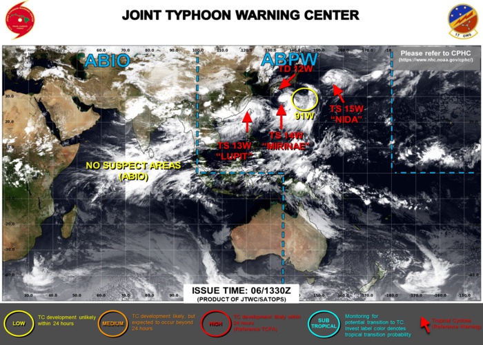 06/15UTC. JTWC ARE ISSUING 6HOURLY WARNINGS ON 13W,14W AND 15W. WARNING 11/FINAL WAS ISSUED AT 06/03UTC ON 12W. 3HOURLY SATELLITE BULLETINS ARE ISSUED FOR THE 4 SYSTEMS.