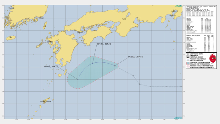 TD 12W. WARNING 11 ISSUED AT 06/03UTC.REMARKS: 060300Z POSITION NEAR 31.1N 134.5E. 06AUG21. TROPICAL DEPRESSION 12W (TWELVE), LOCATED APPROXIMATELY 445 KM SOUTHEAST OF IWAKUNI, JAPAN, HAS TRACKED WEST- NORTHWESTWARD AT 29 KM/H OVER THE PAST SIX HOURS. ANIMATED  MULTISPECTRAL SATELLITE IMAGERY (MSI) DEPICTS A FULLY EXPOSED LOW  LEVEL CIRCULATION CENTER (LLCC). THE INITIAL POSITION IS ASSESSED  WITH HIGH CONFIDENCE BASED ON THE AFOREMENTIONED MSI, AS WELL AS THE  PGTW SATELLITE FIX. TD 12W IS CURRENTLY EXPERIENCING DIRECT CYCLONE  INTERACTION WITH THE STRONGER AND MORE DOMINANT TS 14W, WHICH IS  POSITIONED ABOUT 575KM TO THE SOUTHWEST. AS A RESULT, TD 12W IS  BEING ACCELERATED AROUND 14W'S NORTHERN PERIPHERY WHILE ENCOUNTERING  INCREASING VERTICAL WIND SHEAR (VWS). IN ADDITION, THERE IS DRY AIR  ENTRAINMENT IN THE MID AND UPPER LEVELS THROUGHOUT THE FORECAST  PERIOD. THE AMOUNT OF VWS BEING INTRODUCED BY THE RAPIDLY  APPROACHING TS 14W TO THE SOUTHWEST IS HINDERING ANY FURTHER  DEVELOPMENT.  THIS IS THE FINAL  WARNING ON THIS SYSTEM BY THE JOINT TYPHOON WRNCEN PEARL HARBOR HI.  THE SYSTEM WILL BE CLOSELY MONITORED FOR SIGNS OF REGENERATION.  MAXIMUM SIGNIFICANT WAVE HEIGHT AT 060000Z IS 12 FEET.