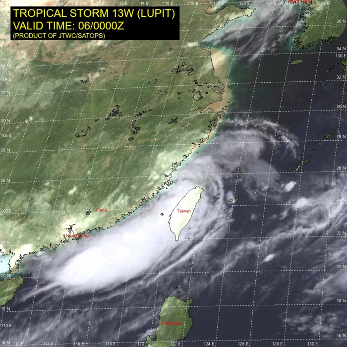 TS 13W(LUPIT). SATELLITE ANALYSIS, INITIAL POSITION AND INTENSITY DISCUSSION: ANIMATED MULTISPECTRAL SATELLITE IMAGERY (MSI) DEPICTS A WEAKLY- DEFINED LOW-LEVEL CIRCULATION CENTER (LLCC) POSITIONED ALONG THE  COAST OF CHINA WITH EXTENSIVE DEEP CONVECTIVE BANDING ASSOCIATED  WITH STRONG, CONVERGENT SOUTHWESTERLY FLOW THROUGH THE TAIWAN  STRAIT. A 052250UTC SSMIS 91GHZ IMAGE INDICATES THE EXTENSIVE DEEP  CONVECTIVE BANDING WRAPS BROADLY OVER THE NORTHERN PERIPHERY OF THE  SYSTEM. ANIMATED RADAR IMAGERY REVEALS SHALLOW RAINBANDS WRAPPING  INTO A DEFINED LLCC, WHICH SUPPORTS THE INITIAL POSITION WITH MEDIUM  CONFIDENCE. THE INITIAL INTENSITY IS ASSESSED AT 35 KNOTS WITH  MEDIUM CONFIDENCE BASED ON THE RJTD DVORAK ESTIMATE.