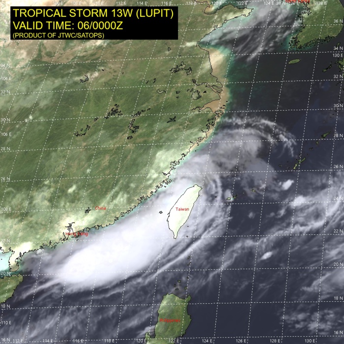 TS 13W(LUPIT). SATELLITE ANALYSIS, INITIAL POSITION AND INTENSITY DISCUSSION: ANIMATED MULTISPECTRAL SATELLITE IMAGERY (MSI) DEPICTS A WEAKLY- DEFINED LOW-LEVEL CIRCULATION CENTER (LLCC) POSITIONED ALONG THE COAST OF CHINA WITH EXTENSIVE DEEP CONVECTIVE BANDING ASSOCIATED WITH STRONG, CONVERGENT SOUTHWESTERLY FLOW THROUGH THE TAIWAN STRAIT. A 052250UTC SSMIS 91GHZ IMAGE INDICATES THE EXTENSIVE DEEP CONVECTIVE BANDING WRAPS BROADLY OVER THE NORTHERN PERIPHERY OF THE SYSTEM. ANIMATED RADAR IMAGERY REVEALS SHALLOW RAINBANDS WRAPPING INTO A DEFINED LLCC, WHICH SUPPORTS THE INITIAL POSITION WITH MEDIUM CONFIDENCE. THE INITIAL INTENSITY IS ASSESSED AT 35 KNOTS WITH MEDIUM CONFIDENCE BASED ON THE RJTD DVORAK ESTIMATE. TS 13W(LUPIT). SATELLITE ANALYSIS, INITIAL POSITION AND INTENSITY DISCUSSION: ANIMATED MULTISPECTRAL SATELLITE IMAGERY (MSI) DEPICTS A WEAKLY- DEFINED LOW-LEVEL CIRCULATION CENTER (LLCC) POSITIONED ALONG THE COAST OF CHINA WITH EXTENSIVE DEEP CONVECTIVE BANDING ASSOCIATED WITH STRONG, CONVERGENT SOUTHWESTERLY FLOW THROUGH THE TAIWAN STRAIT. A 052250UTC SSMIS 91GHZ IMAGE INDICATES THE EXTENSIVE DEEP CONVECTIVE BANDING WRAPS BROADLY OVER THE NORTHERN PERIPHERY OF THE SYSTEM. ANIMATED RADAR IMAGERY REVEALS SHALLOW RAINBANDS WRAPPING INTO A DEFINED LLCC, WHICH SUPPORTS THE INITIAL POSITION WITH MEDIUM CONFIDENCE. THE INITIAL INTENSITY IS ASSESSED AT 35 KNOTS WITH MEDIUM CONFIDENCE BASED ON THE RJTD DVORAK ESTIMATE.