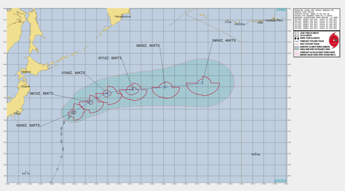 TS 15W(NIDA). WARNING 7 ISSUED AT 06/03UTC.SIGNIFICANT FORECAST CHANGES: DUE TO THE RAPID CONSOLIDATION, THE PEAK INTENSITY HAS BEEN INCREASED TO 60 KNOTS. FORECAST DISCUSSION: TROPICAL STORM 15W (NIDA) WILL CONTINUE TRACKING GENERALLY NORTHEASTWARD AROUND THE PERIPHERY OF A SUBTROPICAL RIDGE TO THE EAST-SOUTHEAST OVER THE NEXT 24 HOURS, THEN SHIFT MORE EASTWARD THEREAFTER. VERTICAL WIND SHEAR IS EXPECTED TO REMAIN LOW UNTIL 36H AND SEA SURFACE TEMPERATURES (SST) WILL BE 26-27 DEGREES CELSIUS WHICH WILL CONTRIBUTE TO A SHARP INTENSIFICATION TO THE PEAK INTENSITY OF 60 KNOTS BY 24H. AT 36H THE SYSTEM IS EXPECTED TO WEAKEN AS IT TRANSITS TO AN AREA OF STRONGER VERTICAL WIND SHEAR. AFTER 48H, TS NIDA WILL MOVE OVER COLDER WATERS THROUGHOUT THE REMAINDER OF THE FORECAST PERIOD. EXTRATROPICAL TRANSITION IS EXPECTED TO BEGIN AROUND 48 HOURS AND COMPLETE BY 72 HOURS AS TS NIDA INTERACTS WITH THE POLAR FRONT. THE JTWC FORECAST IS VERY SIMILAR TO THE PREVIOUS ONE. TS 15W(NIDA). WARNING 7 ISSUED AT 06/03UTC.SIGNIFICANT FORECAST CHANGES: DUE TO THE RAPID CONSOLIDATION, THE PEAK INTENSITY HAS BEEN INCREASED TO 60 KNOTS. FORECAST DISCUSSION: TROPICAL STORM 15W (NIDA) WILL CONTINUE TRACKING GENERALLY NORTHEASTWARD AROUND THE PERIPHERY OF A SUBTROPICAL RIDGE TO THE EAST-SOUTHEAST OVER THE NEXT 24 HOURS, THEN SHIFT MORE EASTWARD THEREAFTER. VERTICAL WIND SHEAR IS EXPECTED TO REMAIN LOW UNTIL 36H AND SEA SURFACE TEMPERATURES (SST) WILL BE 26-27 DEGREES CELSIUS WHICH WILL CONTRIBUTE TO A SHARP INTENSIFICATION TO THE PEAK INTENSITY OF 60 KNOTS BY 24H. AT 36H THE SYSTEM IS EXPECTED TO WEAKEN AS IT TRANSITS TO AN AREA OF STRONGER VERTICAL WIND SHEAR. AFTER 48H, TS NIDA WILL MOVE OVER COLDER WATERS THROUGHOUT THE REMAINDER OF THE FORECAST PERIOD. EXTRATROPICAL TRANSITION IS EXPECTED TO BEGIN AROUND 48 HOURS AND COMPLETE BY 72 HOURS AS TS NIDA INTERACTS WITH THE POLAR FRONT. THE JTWC FORECAST IS VERY SIMILAR TO THE PREVIOUS ONE.