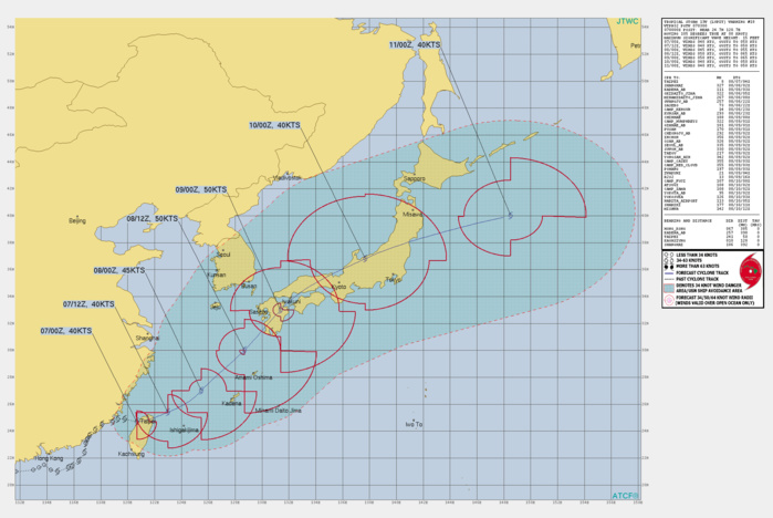 TS 13W(LUPIT). WARNING 18 ISSUED AT 07/03UTC.THERE ARE NO SIGNIFICANT CHANGES TO THE FORECAST FROM THE PREVIOUS WARNING.  FORECAST DISCUSSION: TROPICAL STORM 13W (LUPIT) TOOK A TEMPORARY JOG TOWARD THE SOUTHEAST BUT HAS RESUMED AN EAST-NORTHEASTWARD TRAJECTORY AS IT MAKES LANDFALL OVER NORTHERN TAIWAN. THE SYSTEM IS FORECAST TO HEAVILY INTERACT WITH THE COMPLEX TERRAIN OF TAIWAN OVER THE NEXT 6 TO 12 HOURS, SO THERE IS LOW CONFIDENCE IN THE SHORT-TERM TRACK AND INTENSITY FORECASTS. THE SOUTHWESTERLY MONSOON  FLOW IS SPLIT TO THE WEST AND EAST OF TAIWAN, WITH THE LATTER REGION  CONTINUING TO EXHIBIT SOME EVIDENCE OF LEE SURFACE TROUGH FORMATION  TO THE NORTHEAST OF TAIWAN, WHICH COULD IMPACT THE TRACK AND  REDEVELOPMENT OF THE LLCC ONCE IT EXITS BACK OVER OPEN WATER EAST- NORTHEAST OF TAIPEI. BETWEEN 12H AND 36H, LUPIT IS FORECAST TO  TRACK NORTHEASTWARD TOWARD KYUSHU AND WILL BE LOCATED TO THE  NORTHWEST OF OKINAWA, JAPAN AROUND 24-30H. THE TIMING AND  POSITION OF THE TRACK WILL DEPEND UPON THE REORGANIZATION OF THE  LLCC ONCE THE SYSTEM CROSSES THE LONGITUDE OF THE TAIWAN CENTRAL  MOUNTAIN RANGE. INTENSIFICATION TO A PEAK INTENSITY OF AROUND 50  KNOTS IS EXPECTED PRIOR TO LANDFALL IN KYUSHU. EXTRATROPICAL  TRANSITION SHOULD BEGIN AS LUPIT CROSSES HONSHU, WITH TRANSITION  COMPLETE BY 96H UPON EXITING JAPAN. TS 13W(LUPIT). WARNING 18 ISSUED AT 07/03UTC.THERE ARE NO SIGNIFICANT CHANGES TO THE FORECAST FROM THE PREVIOUS WARNING.  FORECAST DISCUSSION: TROPICAL STORM 13W (LUPIT) TOOK A TEMPORARY JOG TOWARD THE SOUTHEAST BUT HAS RESUMED AN EAST-NORTHEASTWARD TRAJECTORY AS IT MAKES LANDFALL OVER NORTHERN TAIWAN. THE SYSTEM IS FORECAST TO HEAVILY INTERACT WITH THE COMPLEX TERRAIN OF TAIWAN OVER THE NEXT 6 TO 12 HOURS, SO THERE IS LOW CONFIDENCE IN THE SHORT-TERM TRACK AND INTENSITY FORECASTS. THE SOUTHWESTERLY MONSOON  FLOW IS SPLIT TO THE WEST AND EAST OF TAIWAN, WITH THE LATTER REGION  CONTINUING TO EXHIBIT SOME EVIDENCE OF LEE SURFACE TROUGH FORMATION  TO THE NORTHEAST OF TAIWAN, WHICH COULD IMPACT THE TRACK AND  REDEVELOPMENT OF THE LLCC ONCE IT EXITS BACK OVER OPEN WATER EAST- NORTHEAST OF TAIPEI. BETWEEN 12H AND 36H, LUPIT IS FORECAST TO  TRACK NORTHEASTWARD TOWARD KYUSHU AND WILL BE LOCATED TO THE  NORTHWEST OF OKINAWA, JAPAN AROUND 24-30H. THE TIMING AND  POSITION OF THE TRACK WILL DEPEND UPON THE REORGANIZATION OF THE  LLCC ONCE THE SYSTEM CROSSES THE LONGITUDE OF THE TAIWAN CENTRAL  MOUNTAIN RANGE. INTENSIFICATION TO A PEAK INTENSITY OF AROUND 50  KNOTS IS EXPECTED PRIOR TO LANDFALL IN KYUSHU. EXTRATROPICAL  TRANSITION SHOULD BEGIN AS LUPIT CROSSES HONSHU, WITH TRANSITION  COMPLETE BY 96H UPON EXITING JAPAN.