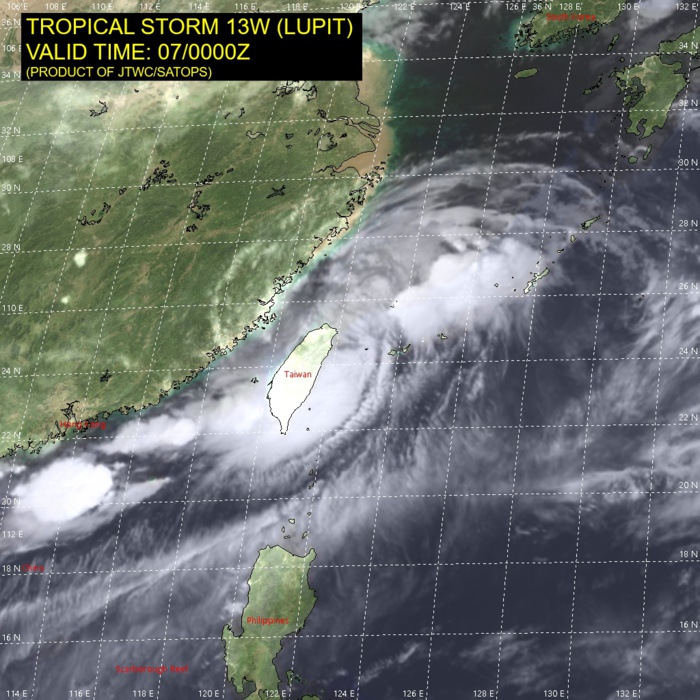 TS 13W(LUPIT).SATELLITE ANALYSIS, INITIAL POSITION AND INTENSITY DISCUSSION: ANIMATED MULTISPECTRAL SATELLITE IMAGERY (MSI) DEPICTS A BROAD CIRCULATION BEGINNING TO BECOME DEFORMED BY THE HIGH TERRAIN OF TAIWAN, WITH THE ONSHORE FLOW TO THE SOUTH OF THE LOW-LEVEL CIRCULATION CENTER (LLCC) GENERATING A BAND OF DEEP CONVECTION. THE INITIAL POSITION WAS PLACED WITH MEDIUM CONFIDENCE BASED ON A 062237UTC SSMIS 91GHZ MICROWAVE IMAGE AND RADAR, INDICATING THAT THE LLCC HAD TAKEN A TEMPORARY JOG TOWARD THE SOUTHEAST WITH A TURN BACK TOWARD THE EAST-NORTHEAST OVER THE LAST 6 HOURS. THE INITIAL INTENSITY IS HELD AT 40 KNOTS BASED ON NO CHANGE TO THE DVORAK ASSESSMENTS FROM PGTW AND RJTD OVER THE LAST 6 HOURS. TS 13W(LUPIT).SATELLITE ANALYSIS, INITIAL POSITION AND INTENSITY DISCUSSION: ANIMATED MULTISPECTRAL SATELLITE IMAGERY (MSI) DEPICTS A BROAD CIRCULATION BEGINNING TO BECOME DEFORMED BY THE HIGH TERRAIN OF TAIWAN, WITH THE ONSHORE FLOW TO THE SOUTH OF THE LOW-LEVEL CIRCULATION CENTER (LLCC) GENERATING A BAND OF DEEP CONVECTION. THE INITIAL POSITION WAS PLACED WITH MEDIUM CONFIDENCE BASED ON A 062237UTC SSMIS 91GHZ MICROWAVE IMAGE AND RADAR, INDICATING THAT THE LLCC HAD TAKEN A TEMPORARY JOG TOWARD THE SOUTHEAST WITH A TURN BACK TOWARD THE EAST-NORTHEAST OVER THE LAST 6 HOURS. THE INITIAL INTENSITY IS HELD AT 40 KNOTS BASED ON NO CHANGE TO THE DVORAK ASSESSMENTS FROM PGTW AND RJTD OVER THE LAST 6 HOURS.