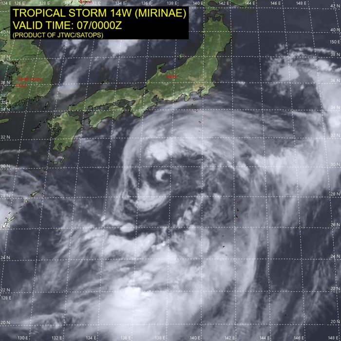 TS 14W(MIRINAE). SATELLITE ANALYSIS, INITIAL POSITION AND INTENSITY DISCUSSION: ANIMATED MULTISPECTRAL SATELLITE IMAGERY (MSI) DEPICTS A FULLY EXPOSED LOW LEVEL CIRCULATION CENTER (LLCC) WITH TIGHT BANDING WRAPPING INTO THE LLCC FROM THE SOUTHERN AND EASTERN PERIPHERIES. FURTHER ANALYSIS INDICATES DEEP FLARING CONVECTION IN THE NORTHWEST QUADRANT. A BULLSEYE 070014UTC METOP-B ASCATT PASS SHOWS A WELL DEFINED CENTER WITH A 40-45 KNOT WIND FIELD TO THE SOUTHEAST OF THE LLCC. THE INITIAL POSITION AND INITIAL INTENSITY OF 45 KNOTS ARE ASSESSED WITH HIGH CONFIDENCE BASED ON THE AFOREMENTIONED MSI AND ASCAT DATA. TS 14W(MIRINAE). SATELLITE ANALYSIS, INITIAL POSITION AND INTENSITY DISCUSSION: ANIMATED MULTISPECTRAL SATELLITE IMAGERY (MSI) DEPICTS A FULLY EXPOSED LOW LEVEL CIRCULATION CENTER (LLCC) WITH TIGHT BANDING WRAPPING INTO THE LLCC FROM THE SOUTHERN AND EASTERN PERIPHERIES. FURTHER ANALYSIS INDICATES DEEP FLARING CONVECTION IN THE NORTHWEST QUADRANT. A BULLSEYE 070014UTC METOP-B ASCATT PASS SHOWS A WELL DEFINED CENTER WITH A 40-45 KNOT WIND FIELD TO THE SOUTHEAST OF THE LLCC. THE INITIAL POSITION AND INITIAL INTENSITY OF 45 KNOTS ARE ASSESSED WITH HIGH CONFIDENCE BASED ON THE AFOREMENTIONED MSI AND ASCAT DATA.