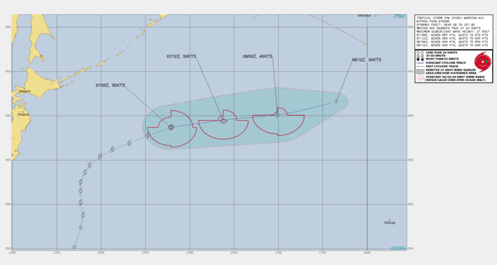 TS 15W(NIDA). WARNING 11 ISSUED AT 07/03UTC.THERE ARE NO SIGNIFICANT CHANGES TO THE FORECAST FROM THE PREVIOUS WARNING.  FORECAST DISCUSSION: TROPICAL STORM 15W (NIDA) HAS ACCELERATED EAST- NORTHEASTWARD OVER THE PAST 6 HOURS ALONG THE NORTHERN PERIPHERY OF  THE DEEP SUBTROPICAL RIDGE LOCATED TO THE SOUTH. TS 15W IS EXPECTED TO MAINTAIN  THIS GENERAL TRACK THROUGHOUT THE FORECAST PERIOD. VERTICAL WIND SHEAR IS FORECAST  TO STEADILY INCREASE AS THE SYSTEM APPROACHES THE BAROCLINIC ZONE BY  24H. TS 15W HAS ALREADY MOVED NORTH OF THE 26C ISOTHERM AND  INTERACTION WITH THE COOLER WATERS WILL ASSIST IN INITIATING  EXTRATROPICAL TRANSITION. TS 15W(NIDA). WARNING 11 ISSUED AT 07/03UTC.THERE ARE NO SIGNIFICANT CHANGES TO THE FORECAST FROM THE PREVIOUS WARNING.  FORECAST DISCUSSION: TROPICAL STORM 15W (NIDA) HAS ACCELERATED EAST- NORTHEASTWARD OVER THE PAST 6 HOURS ALONG THE NORTHERN PERIPHERY OF  THE DEEP SUBTROPICAL RIDGE LOCATED TO THE SOUTH. TS 15W IS EXPECTED TO MAINTAIN  THIS GENERAL TRACK THROUGHOUT THE FORECAST PERIOD. VERTICAL WIND SHEAR IS FORECAST  TO STEADILY INCREASE AS THE SYSTEM APPROACHES THE BAROCLINIC ZONE BY  24H. TS 15W HAS ALREADY MOVED NORTH OF THE 26C ISOTHERM AND  INTERACTION WITH THE COOLER WATERS WILL ASSIST IN INITIATING  EXTRATROPICAL TRANSITION.