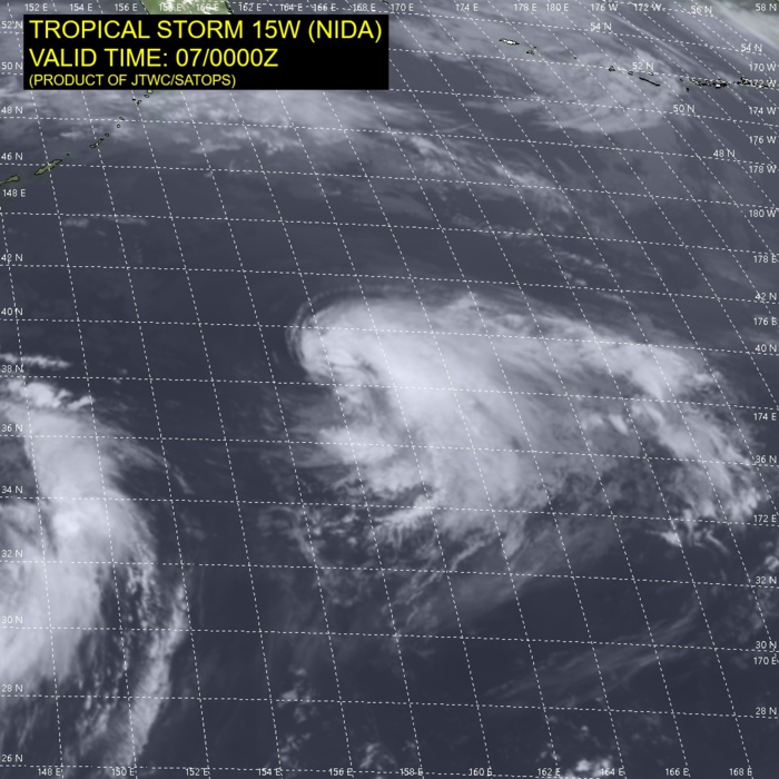 TS 15W(NIDA). SATELLITE ANALYSIS, INITIAL POSITION AND INTENSITY DISCUSSION: ANIMATED MULTISPECTRAL SATELLITE IMAGERY (MSI) DEPICTS A SLIGHTLY SHEARED, COMPACT SYSTEM WITH PERSISTENT DEEP CONVECTION THAT HAS BEEN DISPLACED TO THE EAST OF THE ASSESSED LOW LEVEL CIRCULATION  CENTER (LLCC). THE INITIAL POSITION IS PLACED WITH HIGH CONFIDENCE  BASED ON THE AFOREMENTIONED MSI AND A PARTIAL 070010UTC METOP-B ASCAT  PASS. THE INITIAL INTENSITY OF 55 KNOTS IS ASSESSED WITH MEDIUM  CONFIDENCE HEDGED HIGHER THAN THE PGTW DVORAK ESTIMATE AND LOWER  THAN THE MORE AGGRESSIVE ADT AND SATCON ESTIMATES. TS 15W(NIDA). SATELLITE ANALYSIS, INITIAL POSITION AND INTENSITY DISCUSSION: ANIMATED MULTISPECTRAL SATELLITE IMAGERY (MSI) DEPICTS A SLIGHTLY SHEARED, COMPACT SYSTEM WITH PERSISTENT DEEP CONVECTION THAT HAS BEEN DISPLACED TO THE EAST OF THE ASSESSED LOW LEVEL CIRCULATION  CENTER (LLCC). THE INITIAL POSITION IS PLACED WITH HIGH CONFIDENCE  BASED ON THE AFOREMENTIONED MSI AND A PARTIAL 070010UTC METOP-B ASCAT  PASS. THE INITIAL INTENSITY OF 55 KNOTS IS ASSESSED WITH MEDIUM  CONFIDENCE HEDGED HIGHER THAN THE PGTW DVORAK ESTIMATE AND LOWER  THAN THE MORE AGGRESSIVE ADT AND SATCON ESTIMATES.