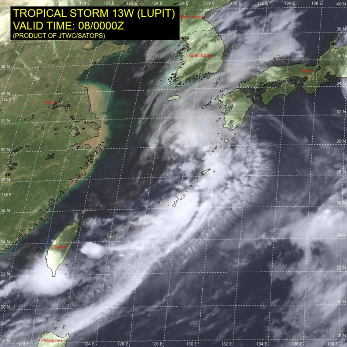 TS 13W(LUPIT). SATELLITE ANALYSIS, INITIAL POSITION AND INTENSITY DISCUSSION: ANIMATED MULTISPECTRAL SATELLITE IMAGERY (MSI) AND JMA RADAR IMAGERY DEPICT A LOW-LEVEL CIRCULATION (LLC) THAT CONTINUES TO BE ELONGATED ALONG A SOUTHWEST TO NORTHEAST AXIS. CONVECTIVE BANDING CONTINUES TO BE HIGHLY ASYMMETRIC, CONFINED MOSTLY TO THE EASTERN SIDE, BUT HAS EXPANDED INTO THE NORTHERN SEMICIRCLE DURING THE PAST SIX HOURS. THE WIND FIELD IS QUITE BROAD, WITH MAXIMUM WINDS LOCATED WITHIN THE PRIMARY CONVECTIVE BAND 185-280 KM SOUTHEAST OF THE CIRCULATION CENTER. SURFACE OBSERVATIONS AT KASARI, JAPAN, MEASURED SUSTAINED WINDS OF 35 KNOTS WITH A MAXIMUM GUST OF 50 KNOTS AT 072340UTC ON THE EASTERN SIDE OF THE CIRCULATION. THE CURRENT INTENSITY OF TROPICAL STORM 13W (LUPIT) IS ESTIMATED AT 40 KNOTS BASED ON A BLEND OF SURFACE OBSERVATIONS AND THE PGTW DVORAK ESTIMATE OF T3.0 (45 KNOTS).