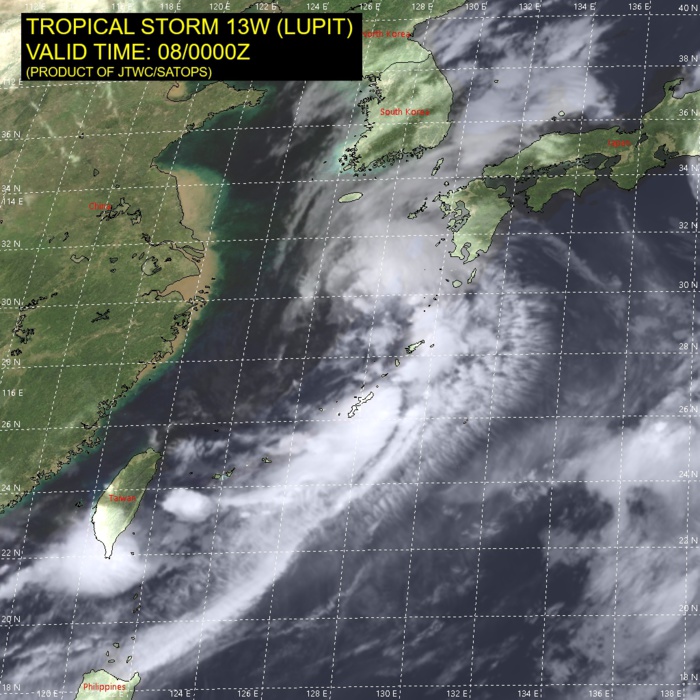 TS 13W(LUPIT). SATELLITE ANALYSIS, INITIAL POSITION AND INTENSITY DISCUSSION: ANIMATED MULTISPECTRAL SATELLITE IMAGERY (MSI) AND JMA RADAR IMAGERY DEPICT A LOW-LEVEL CIRCULATION (LLC) THAT CONTINUES TO BE ELONGATED ALONG A SOUTHWEST TO NORTHEAST AXIS. CONVECTIVE BANDING CONTINUES TO BE HIGHLY ASYMMETRIC, CONFINED MOSTLY TO THE EASTERN SIDE, BUT HAS EXPANDED INTO THE NORTHERN SEMICIRCLE DURING THE PAST SIX HOURS. THE WIND FIELD IS QUITE BROAD, WITH MAXIMUM WINDS LOCATED WITHIN THE PRIMARY CONVECTIVE BAND 185-280 KM SOUTHEAST OF THE CIRCULATION CENTER. SURFACE OBSERVATIONS AT KASARI, JAPAN, MEASURED SUSTAINED WINDS OF 35 KNOTS WITH A MAXIMUM GUST OF 50 KNOTS AT 072340UTC ON THE EASTERN SIDE OF THE CIRCULATION. THE CURRENT INTENSITY OF TROPICAL STORM 13W (LUPIT) IS ESTIMATED AT 40 KNOTS BASED ON A BLEND OF SURFACE OBSERVATIONS AND THE PGTW DVORAK ESTIMATE OF T3.0 (45 KNOTS). TS 13W(LUPIT). SATELLITE ANALYSIS, INITIAL POSITION AND INTENSITY DISCUSSION: ANIMATED MULTISPECTRAL SATELLITE IMAGERY (MSI) AND JMA RADAR IMAGERY DEPICT A LOW-LEVEL CIRCULATION (LLC) THAT CONTINUES TO BE ELONGATED ALONG A SOUTHWEST TO NORTHEAST AXIS. CONVECTIVE BANDING CONTINUES TO BE HIGHLY ASYMMETRIC, CONFINED MOSTLY TO THE EASTERN SIDE, BUT HAS EXPANDED INTO THE NORTHERN SEMICIRCLE DURING THE PAST SIX HOURS. THE WIND FIELD IS QUITE BROAD, WITH MAXIMUM WINDS LOCATED WITHIN THE PRIMARY CONVECTIVE BAND 185-280 KM SOUTHEAST OF THE CIRCULATION CENTER. SURFACE OBSERVATIONS AT KASARI, JAPAN, MEASURED SUSTAINED WINDS OF 35 KNOTS WITH A MAXIMUM GUST OF 50 KNOTS AT 072340UTC ON THE EASTERN SIDE OF THE CIRCULATION. THE CURRENT INTENSITY OF TROPICAL STORM 13W (LUPIT) IS ESTIMATED AT 40 KNOTS BASED ON A BLEND OF SURFACE OBSERVATIONS AND THE PGTW DVORAK ESTIMATE OF T3.0 (45 KNOTS).
