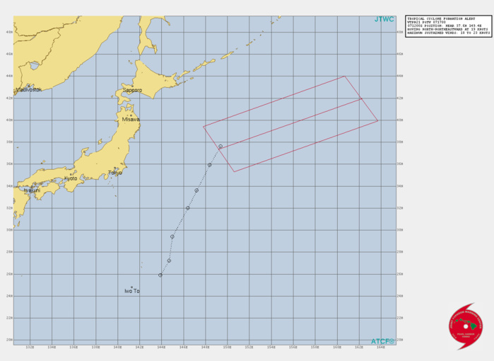 INVEST 91W. TROPICAL CYCLONE FORMATION ALERT ISSUED AT 07/17UTC.THE AREA OF CONVECTION (INVEST 91W) PREVIOUSLY LOCATED  NEAR 33.7N 147.2E IS NOW LOCATED NEAR 37.6N 149.4E, APPROXIMATELY  770 KM EAST-SOUTHEAST OF MISAWA AB. ANIMATED ENHANCED INFRARED (EIR)  SATELLITE IMAGERY DEPICTS PERSISTENT CONVECTION TO THE NORTH OF A  PARTIALLY EXPOSED ILL-DEFINED LOW LEVEL CIRCULATION (LLC). A 071130UTC  METOP-B ASCAT PASS REVEALS AN ILL-DEFINED LLC WITH 25-30 KNOT WINDS IN  THE EASTERN PERIPHERY. ANALYSES INDICATE A MARGINALLY FAVORABLE  ENVIRONMENT CHARACTERIZED BY POLEWARD OUTLFOW ALOFT, LOW  VERTICAL WIND SHEAR (VWS), AND MARGINAL (26C) SEA SURFACE  TEMPERATURES (SST).MAXIMUM SUSTAINED SURFACE WINDS ARE ESTIMATED AT 25 TO 30  KNOTS. MINIMUM SEA LEVEL PRESSURE IS ESTIMATED TO BE NEAR 1005 MB.  THE POTENTIAL FOR THE DEVELOPMENT OF A SIGNIFICANT TROPICAL CYCLONE  WITHIN THE NEXT 24 HOURS IS UPGRADED TO HIGH. INVEST 91W. TROPICAL CYCLONE FORMATION ALERT ISSUED AT 07/17UTC.THE AREA OF CONVECTION (INVEST 91W) PREVIOUSLY LOCATED  NEAR 33.7N 147.2E IS NOW LOCATED NEAR 37.6N 149.4E, APPROXIMATELY  770 KM EAST-SOUTHEAST OF MISAWA AB. ANIMATED ENHANCED INFRARED (EIR)  SATELLITE IMAGERY DEPICTS PERSISTENT CONVECTION TO THE NORTH OF A  PARTIALLY EXPOSED ILL-DEFINED LOW LEVEL CIRCULATION (LLC). A 071130UTC  METOP-B ASCAT PASS REVEALS AN ILL-DEFINED LLC WITH 25-30 KNOT WINDS IN  THE EASTERN PERIPHERY. ANALYSES INDICATE A MARGINALLY FAVORABLE  ENVIRONMENT CHARACTERIZED BY POLEWARD OUTLFOW ALOFT, LOW  VERTICAL WIND SHEAR (VWS), AND MARGINAL (26C) SEA SURFACE  TEMPERATURES (SST).MAXIMUM SUSTAINED SURFACE WINDS ARE ESTIMATED AT 25 TO 30  KNOTS. MINIMUM SEA LEVEL PRESSURE IS ESTIMATED TO BE NEAR 1005 MB.  THE POTENTIAL FOR THE DEVELOPMENT OF A SIGNIFICANT TROPICAL CYCLONE  WITHIN THE NEXT 24 HOURS IS UPGRADED TO HIGH.