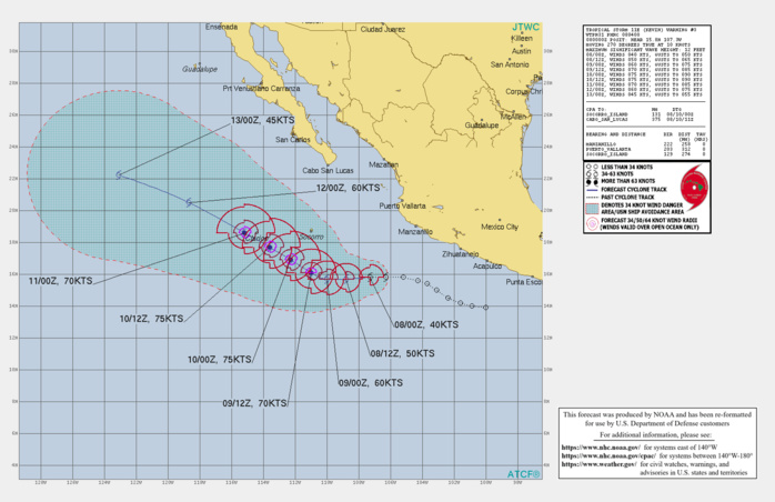 EASTERN PACIFIC. TS 11E(KEVIN). WARNING 3 ISSUED AT 08/04UTC. INTENSITY IS FORECAST TO PEAK AT 75KNOTS/CAT 1 BY 48H. EASTERN PACIFIC. TS 11E(KEVIN). WARNING 3 ISSUED AT 08/04UTC. INTENSITY IS FORECAST TO PEAK AT 75KNOTS/CAT 1 BY 48H.