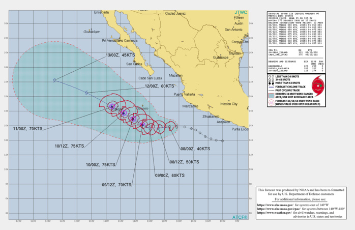 EASTERN PACIFIC. TS 11E(KEVIN). WARNING 3 ISSUED AT 08/04UTC. INTENSITY IS FORECAST TO PEAK AT 75KNOTS/CAT 1 BY 48H.