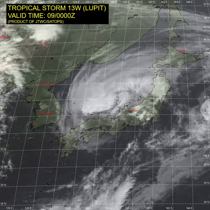 TS 13W(LUPIT). SATELLITE ANALYSIS, INITIAL POSITION AND INTENSITY DISCUSSION: ANIMATED MULTI-SPECTRAL SATELLITE IMAGERY (MSI) DEPICTS A PARTIALLY EXPOSED LOW LEVEL CIRCULATION CENTER (LLCC) WITH CONVECTION OFFSET OVER THE SEA OF JAPAN. THE INITIAL POSITION IS PLACED WITH MEDIUM CONFIDENCE BASED ON RADAR AND A 082207UTC SSMIS 91 GHZ MICROWAVE IMAGE. THE INITIAL INTENSITY OF 55 KNOTS IS ASSESSED WITH MEDIUM CONFIDENCE BASED ON THE LOWEST LOCAL PRESSURE OF 983MB, A 53KNOTS OBSERVATION IN IZUMO, JAPAN AND A 082355UTC METOP-A ASCAT PASS. TS 13W(LUPIT). SATELLITE ANALYSIS, INITIAL POSITION AND INTENSITY DISCUSSION: ANIMATED MULTI-SPECTRAL SATELLITE IMAGERY (MSI) DEPICTS A PARTIALLY EXPOSED LOW LEVEL CIRCULATION CENTER (LLCC) WITH CONVECTION OFFSET OVER THE SEA OF JAPAN. THE INITIAL POSITION IS PLACED WITH MEDIUM CONFIDENCE BASED ON RADAR AND A 082207UTC SSMIS 91 GHZ MICROWAVE IMAGE. THE INITIAL INTENSITY OF 55 KNOTS IS ASSESSED WITH MEDIUM CONFIDENCE BASED ON THE LOWEST LOCAL PRESSURE OF 983MB, A 53KNOTS OBSERVATION IN IZUMO, JAPAN AND A 082355UTC METOP-A ASCAT PASS.