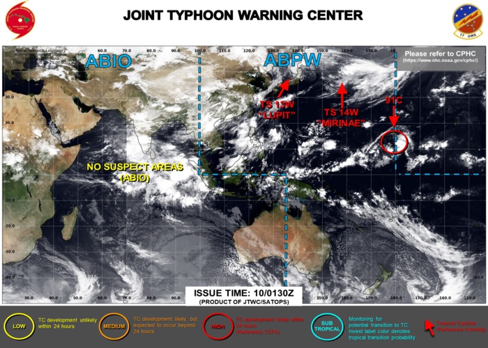 13W & 14W ARE BOTH EXTRA-TROPICAL. ORIGINATING EAST OF THE DATELINE INVEST 91C IS NOW HIGH.JTWC ARE ISSUING 3HOURLY SATELLITE BULLETINS FOR 13W,14W AND 91C.