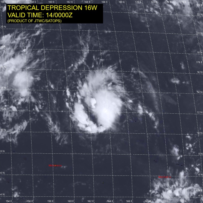 TD 16W. SATELLITE ANALYSIS, INITIAL POSITION AND INTENSITY DISCUSSION: ANIMATED MULTISPECTRAL SATELLITE IMAGERY (MSI) DEPICTS DEEP CONVECTION FLARING OVER A BROAD, PARTIALLY-EXPOSED, RAGGED LOW-LEVEL CIRCULATION (LLC), WHICH SUPPORTS THE INITIAL POSITION WITH MEDIUM CONFIDENCE. ALTHOUGH VERTICAL WIND SHEAR VALUES ARE LOW, DIFFLUENT UPPER-LEVEL EASTERLY FLOW OF 20-25 KNOTS OFFSET BY MODERATE POLEWARD OUTFLOW, ENHANCED BY A TUTT CELL TO THE NORTHWEST, AND DRY AIR ENTRAINMENT ARE HINDERING SUSTAINED CONVECTION AND LIMITING DEVELOPMENT. THE INITIAL INTENSITY OF 30 KNOTS IS ASSESSED WITH MEDIUM CONFIDENCE BASED ON THE PGTW DVORAK ESTIMATE.
