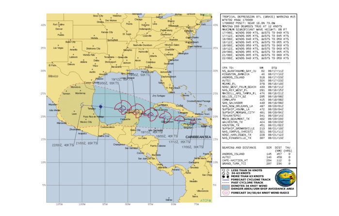 TD 07L(GRACE). WARNING 15 ISSUED AT 17/03UTC. CURRENT INTENSITY IS 30KNOTS BUT IS FORECAST TO INCREASE TO 65KNOTS/CAT 1 BY 21/00UTC.