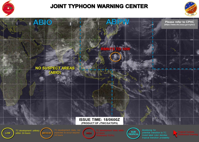 THE AREA OF CONVECTION (INVEST 16W) PREVIOUSLY LOCATED NEAR 13.5N 143.3E IS NOW LOCATED NEAR 14.3N 138.1E, APPROXIMATELY 720 KM WEST OF GUAM. ANIMATED ENHANCED INFRARED SATELLITE IMAGERY AND A 180413UTC ASMR2 89GHZ IMAGE DEPICT DEEP CONVECTION OVER AN OBSCURED LOW LEVEL CENTER. A 180042UTC ASCAT PASS REVEALS A CLOSED, BROAD CIRCULATION WITH POCKETS OF 20KNOT WIND OFFSET TO THE EAST AND NORTH OF THE CENTER. THE OVERALL ENVIRONMENT IS FAVORABLE WITH WARM SST VALUES (31-32 CELSIUS), LOW VERTICAL WIND SHEAR (05-10 KTS) AND DUAL CHANNEL OUTFLOW. 16W WILL CONTINUE TO TRACK WEST WITH NUMERICAL MODELS HAVING MINOR INTESIFICATION THROUGH 24-48H. MAXIMUM SUSTAINED SURFACE WINDS ARE ESTIMATED AT 10 TO 15 KNOTS. MINIMUM SEA LEVEL PRESSURE IS ESTIMATED TO BE NEAR 1007 MB. THE POTENTIAL FOR THE DEVELOPMENT OF A SIGNIFICANT TROPICAL CYCLONE WITHIN THE NEXT 24 HOURS REMAINS MEDIUM. THE AREA OF CONVECTION (INVEST 16W) PREVIOUSLY LOCATED NEAR 13.5N 143.3E IS NOW LOCATED NEAR 14.3N 138.1E, APPROXIMATELY 720 KM WEST OF GUAM. ANIMATED ENHANCED INFRARED SATELLITE IMAGERY AND A 180413UTC ASMR2 89GHZ IMAGE DEPICT DEEP CONVECTION OVER AN OBSCURED LOW LEVEL CENTER. A 180042UTC ASCAT PASS REVEALS A CLOSED, BROAD CIRCULATION WITH POCKETS OF 20KNOT WIND OFFSET TO THE EAST AND NORTH OF THE CENTER. THE OVERALL ENVIRONMENT IS FAVORABLE WITH WARM SST VALUES (31-32 CELSIUS), LOW VERTICAL WIND SHEAR (05-10 KTS) AND DUAL CHANNEL OUTFLOW. 16W WILL CONTINUE TO TRACK WEST WITH NUMERICAL MODELS HAVING MINOR INTESIFICATION THROUGH 24-48H. MAXIMUM SUSTAINED SURFACE WINDS ARE ESTIMATED AT 10 TO 15 KNOTS. MINIMUM SEA LEVEL PRESSURE IS ESTIMATED TO BE NEAR 1007 MB. THE POTENTIAL FOR THE DEVELOPMENT OF A SIGNIFICANT TROPICAL CYCLONE WITHIN THE NEXT 24 HOURS REMAINS MEDIUM.