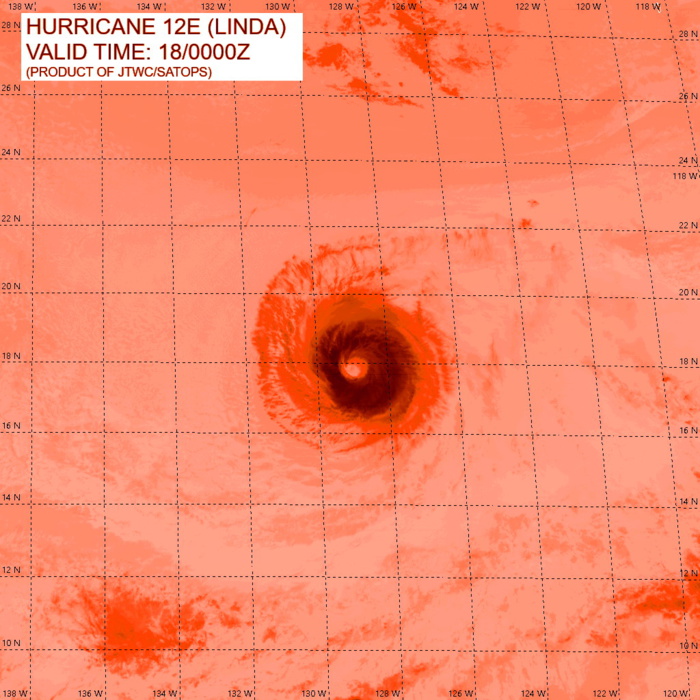 HU 12E(LINDA). CURRENT INTENSITY IS BACK AT 90KNOTS/CAT 2. THE CYCLONE IS STILL DISPLAYING ANNULAR FEATURES WITH A LARGE EYE AND RECENTLY COOLING TOPS.