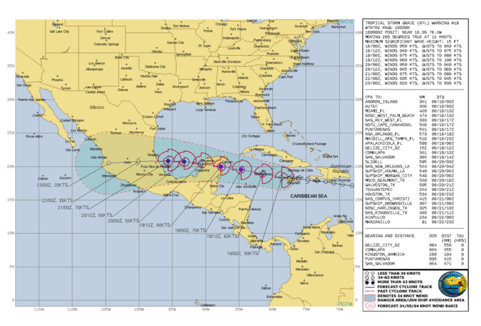 ATLANTIC. TS 07L(GRACE). WARNING 19 ISSUED AT 18/03UTC. CURRENT INTENSITY IS 50KNOTS AND IS FORECAST TO INCREASE TO 75KNOTS/CAT 1 BY 21/00UTC. ATLANTIC. TS 07L(GRACE). WARNING 19 ISSUED AT 18/03UTC. CURRENT INTENSITY IS 50KNOTS AND IS FORECAST TO INCREASE TO 75KNOTS/CAT 1 BY 21/00UTC.