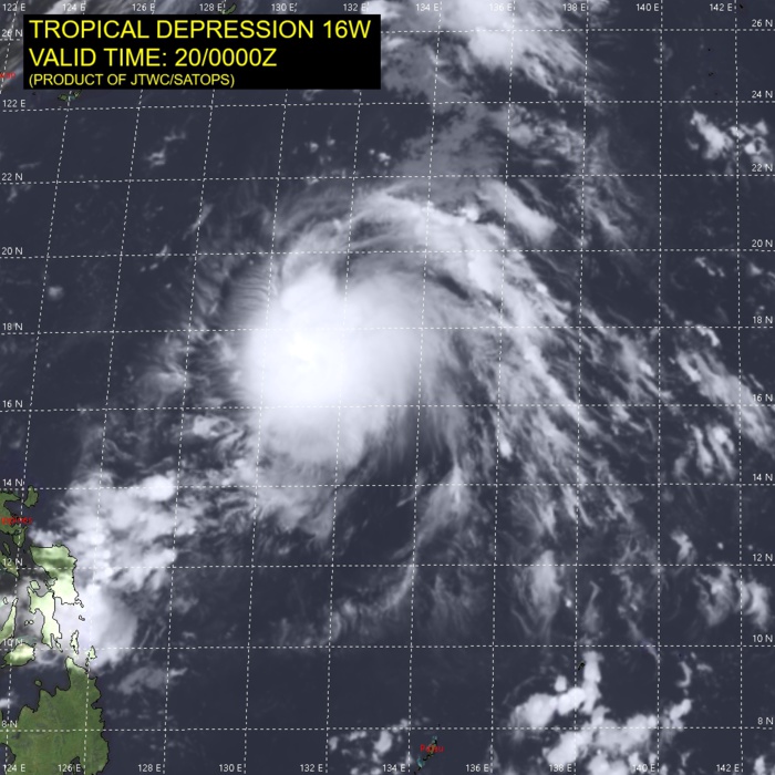 TD 16W.SATELLITE ANALYSIS, INITIAL POSITION AND INTENSITY DISCUSSION: ANIMATED MULTISPECTRAL SATELLITE IMAGERY (MSI) DEPICTS A LOW LEVEL CIRCULATION CENTER (LLCC) POSITIONED UNDER THE NORTHERN CANOPY OF A CONSOLIDATING SYSTEM OF DEEP CONVECTION WITH ASSOCIATED RADIAL OUTFLOW ALOFT. A PARTIAL 192125UTC SSMIS 91GHZ PASS SHOWS FLARING CONVECTION IN THE SOUTHERN PERIPHERY OF THE LLCC. A PARTIAL 200048UTC  ASCAT-B PASS INDICATES THE LLCC HAS AN AREA OF 15-20KT WINDS IN THE NORTHERN PERIPHERY WITH WEAKER WINDS TO THE NORTHWEST AND SOUTHWEST QUADRANTS. THE INITIAL POSITION IS ASSESSED WITH MEDIUM CONFIDENCE BASED OFF THE AFOREMENTIONED MSI ANALYSIS AND THE PGTW SATELLITE FIX. THE INITIAL INTENSITY OF 30 KNOTS IS ASSESSED WITH MEDIUM CONFIDENCE BASED ON THE PGTW DVORAK ESTIMATE. TD 16W.SATELLITE ANALYSIS, INITIAL POSITION AND INTENSITY DISCUSSION: ANIMATED MULTISPECTRAL SATELLITE IMAGERY (MSI) DEPICTS A LOW LEVEL CIRCULATION CENTER (LLCC) POSITIONED UNDER THE NORTHERN CANOPY OF A CONSOLIDATING SYSTEM OF DEEP CONVECTION WITH ASSOCIATED RADIAL OUTFLOW ALOFT. A PARTIAL 192125UTC SSMIS 91GHZ PASS SHOWS FLARING CONVECTION IN THE SOUTHERN PERIPHERY OF THE LLCC. A PARTIAL 200048UTC  ASCAT-B PASS INDICATES THE LLCC HAS AN AREA OF 15-20KT WINDS IN THE NORTHERN PERIPHERY WITH WEAKER WINDS TO THE NORTHWEST AND SOUTHWEST QUADRANTS. THE INITIAL POSITION IS ASSESSED WITH MEDIUM CONFIDENCE BASED OFF THE AFOREMENTIONED MSI ANALYSIS AND THE PGTW SATELLITE FIX. THE INITIAL INTENSITY OF 30 KNOTS IS ASSESSED WITH MEDIUM CONFIDENCE BASED ON THE PGTW DVORAK ESTIMATE.