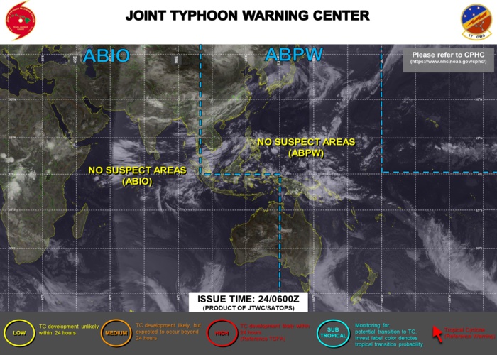 ABPW10 PGTW 240600 1. WESTERN NORTH PACIFIC AREA (180 TO MALAY PENINSULA):    A. TROPICAL CYCLONE SUMMARY: NONE.    B. TROPICAL DISTURBANCE SUMMARY: NONE.    C. SUBTROPICAL SYSTEM SUMMARY: NONE. 2. SOUTH PACIFIC AREA (WEST COAST OF SOUTH AMERICA TO 135 EAST):    A. TROPICAL CYCLONE SUMMARY: NONE.    B. TROPICAL DISTURBANCE SUMMARY: NONE.    C. SUBTROPICAL SYSTEM SUMMARY: NONE.// NNNN ABPW10 PGTW 240600 1. WESTERN NORTH PACIFIC AREA (180 TO MALAY PENINSULA):    A. TROPICAL CYCLONE SUMMARY: NONE.    B. TROPICAL DISTURBANCE SUMMARY: NONE.    C. SUBTROPICAL SYSTEM SUMMARY: NONE. 2. SOUTH PACIFIC AREA (WEST COAST OF SOUTH AMERICA TO 135 EAST):    A. TROPICAL CYCLONE SUMMARY: NONE.    B. TROPICAL DISTURBANCE SUMMARY: NONE.    C. SUBTROPICAL SYSTEM SUMMARY: NONE.// NNNN