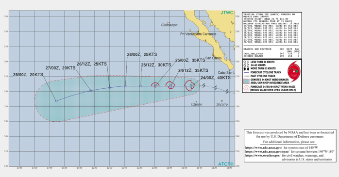 EASTERN PACIFIC. TS 13E(MARTY). WARNING 4 ISSUED AT 24/04UTC. CURRENT INTENSITY IS 40KNOTS AND IS FORECAST TO FALL DOWN BELOW 35KNOTS BY 25/12UTC.