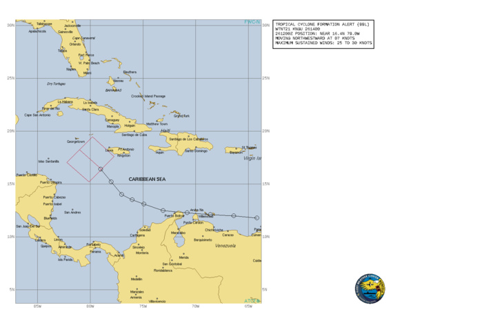 INVEST 99L. TROPICAL CYCLONE FORMATION ALERT ISSUED AT 26/14UTC. FORMATION OF A SIGNIFICANT TROPICAL CYCLONE IS POSSIBLE WITHIN 100 NM EITHER SIDE OF A LINE FROM 16.4N 79.0W TO 18.3N 81.0W WITHIN THE NEXT 24 HOURS. AVAILABLE DATA DOES NOT JUSTIFY ISSUANCE OF NUMBERED TROPICAL CYCLONE WARNINGS AT THIS TIME. WINDS IN THE AREA ARE ESTIMATED TO BE 25 TO 30 KNOTS. METSAT IMAGERY AT 261200Z INDICATES THAT A CIRCULATION CENTER IS LOCATED NEAR 16.4N 79.0W. THE SYSTEM IS MOVING NORTHWEST AT 07 KNOTS. 2. REMARKS: AN AREA OF LOW PRESSURE LOCATED ABOUT 130 NM SOUTH-SOUTHWEST OF JAMAICA IS PRODUCING A LARGE AREA OF SHOWERS AND THUNDERSTORMS AND SUSTAINED EASTERLY WINDS OF 25-30 KT JUST SOUTH OF THE ISLAND. ALTHOUGH SATELLITE DERIVED WIND DATA FROM LAST NIGHT INDICATED THAT THE SYSTEM DID NOT HAVE A CLOSED SURFACE CIRCULATION, ENVIRONMENTAL CONDITIONS ARE CONDUCIVE FOR FURTHER DEVELOPMENT AND A TROPICAL DEPRESSION OR STORM IS LIKELY TO FORM LATER TODAY OR TONIGHT. THE DISTURBANCE IS FORECAST TO MOVE NORTHWEST OVER THE NORTHWESTERN CARIBBEAN SEA DURING THE NEXT 24 HOURS AND APPROACH THE YUCATAN CHANNEL FRIDAY NIGHT.