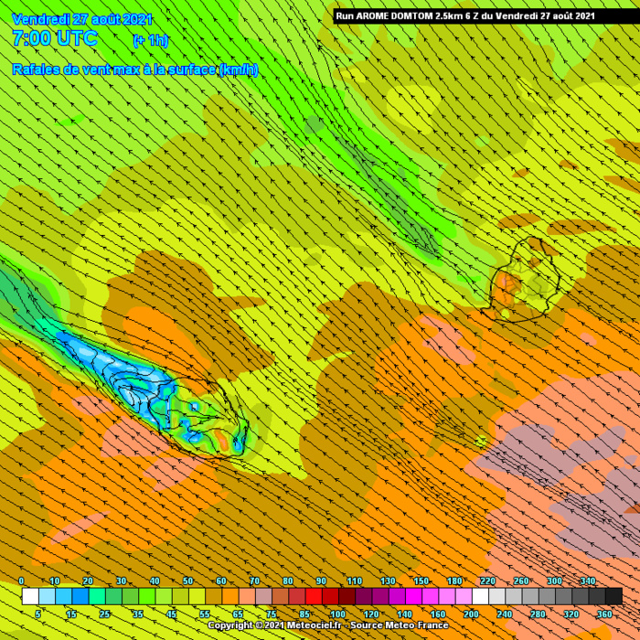 ILES SOEURS: simulation du modèle Arome/Météo France pour les rafales attendues entre 10h ce Vendredi et 16h Samedi.Les zones en rouge et rouge foncé sont ciblées par le modèle comme les plus exposées à des rafales comprises entre 80 et 100km/h. Notez que la Baie de Saint Paul dans l'Ouest Réunionnais restera bien protégée par le relief et donc sera déventée.Cliquez sur l'image pour l'animer si nécessaire.MCIEL.