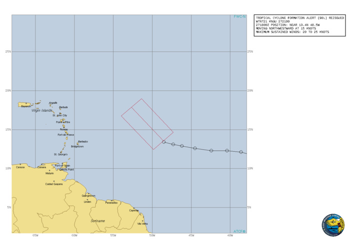 INVEST 98L. TROPICAL CYCLONE FORMATION ALERT.FORMATION OF A SIGNIFICANT TROPICAL CYCLONE IS POSSIBLE  WITHIN100 NM EITHER SIDE OF A LINE FROM 13.4N 48.5W TO 17.9N 52.7W WITHIN THE NEXT 24 HOURS. AVAILABLE DATA DOES NOT JUSTIFY ISSUANCE OF NUMBERED TROPICAL CYCLONE WARNINGS AT THIS TIME. WINDS IN THE AREA ARE ESTIMATED TO BE 20 TO 25 KNOTS. METSAT IMAGERY, SYNOPTIC DATA AND RADAR DATA AT 271800Z INDICATE THAT A CIRCULATION CENTER IS LOCATED NEAR 13.4N 48.5W. THE SYSTEM IS MOVING NORTHWESTWARD AT 15 KNOTS. 2. SHOWERS AND THUNDERSTORMS ASSOCIATED WITH A TROPICAL WAVE LOCATED ABOUT MIDWAY BETWEEN THE CABO VERDE ISLANDS AND THE LESSER ANTILLES HAVE BECOME A LITTLE BETTER ORGANIZED TODAY. ADDITIONAL DEVELOPMENT  OF THIS SYSTEM IS EXPECTED, AND A TROPICAL DEPRESSION IS LIKELY TO FORM LATER TONIGHT OR SATURDAY BEFORE IT MOVES INTO AN ENVIRONMENT  OF STRONGER UPPER-LEVEL WINDS AND SLIGHTLY COOLER WATERS. THE DISTURBANCE IS FORECAST TO MOVE WEST-NORTHWESTWARD THROUGH TONIGHT, THEN TURN NORTHWARD SATURDAY.