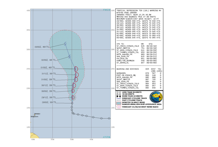 TD 10L. WARNING 4 ISSUED AT 29/03UTC. CURRENT INTENSITY IS 30KNOTS AND IS FORECAST TO PEAK AT 40KNOTS BY 01/00UTC.