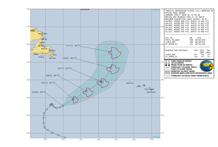 TD 11L. WARNING 1 ISSUED AT 29/03UTC. CURRENT INTENSITY IS 30KNOTS AND IS FORECAST TO PEAK AT 50KNOTS BY 30/12UTC.