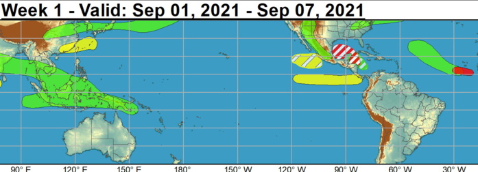 Hurricane Ida made landfall near Port Fourchon, LA as a Category 4 Major Hurricane on 8/29 and brought devastating impacts to many areas near the central Gulf Coast. Early assessments indicate torrential rainfall amounts well in excess of 10 inches and storm surge estimates as high as 12 to 16 feet. As Ida is forecast to continually weaken on land and undergo extratropical transition, above-normal rainfall is anticipated along its path across the CONUS with an elevated risk for flash flooding across portions of the Tennessee and Ohio Valleys, Appalachians, Mid-Atlantic, and the Northeast during the next several days. Elsewhere in the Atlantic, Tropical Storms (TS) Kate and Julian formed in open waters of the central Atlantic on 8/27 and 8/28, respectively. TS Julian has since dissipated, but the National Hurricane Center (NHC) forecasts Tropical Depression Kate to maintain its intensity and track northward into the central Atlantic where it is favored to be eventually absorbed by an extratropical frontal system this weekend. In the eastern Pacific, Hurricane Nora formed on 8/26 and peaked as a category 1 Hurricane triggering floods and landslides in western Mexico as the system entered the Gulf of California. Although Hurricane Nora rapidly weakened this past weekend, the enhancement of moisture in the monsoonal circulation is likely to trigger locally heavy rainfall and flash flooding across western Mexico, and into the Desert Southwest and Four Corners region of the U.S. during the next few days.  The NHC is monitoring a well defined area of low pressure just off the West Africa coast with a 90% chance for development in the coming days prompting a high confidence formation area in the outlook for week-1. There is good model agreement favoring the strengthening of this potential system as it tracks westward through the Main Development Region (MDR) through the end of this week. Farther west, the NHC expects an area of low pressure to form in the southwestern Caribbean with a 20% chance of formation during the next 5 days. Tied to this low pressure area, there has been good run to run continuity in the deterministic ECCC model depicting the formation of a closed low in the western Gulf of Mexico late in week-1. Several ensemble members from this morning's 00z GEFS support this realization, and a moderate confidence area for development is issued in the outlook extending from the Gulf of Honduras to the western Gulf of Mexico. NOAA.