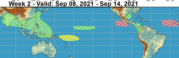 Over the eastern Pacific, conditions are expected to be quiet during week-1, however a moderate confidence area for TC development is posted to the south of Mexico for week-2 given support from probabilistic tools and the passage of another Kelvin wave favored by the ECMWF and CFS models over the basin. A moderate confidence region is also issued for the eastern MDR for week-2 where guidance favors another area of deepening low pressure associated with an easterly wave moving off of West Africa next weekend.NOAA.