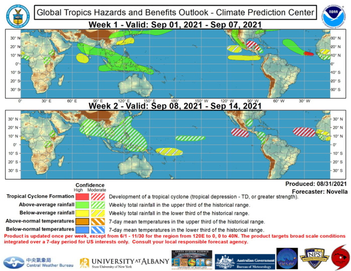 The precipitation outlook during the next two weeks is based on a consensus of GEFS, CFS, and ECMWF guidance, and anticipated TC tracks. For hazardous weather concerns during the next two weeks across the U.S., please refer to your local NWS Forecast Office, the Weather Prediction Center's Medium Range Hazards Forecast, and CPC's Week-2 Hazards Outlook. Forecasts over Africa are made in consultation with the International Desk at CPC and can represent local-scale conditions in addition to global scale variability.NOAA.
