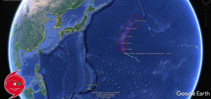 TD 17W. WARNING 2 ISSUED AT 02/09UTC. THERE ARE NO SIGNIFICANT CHANGES TO THE FORECAST FROM THE PREVIOUS WARNING.  FORECAST DISCUSSION: TD 17W IS FORECAST TO TRACK TO THE NORTHWEST THROUGH 12H BEFORE SLOWLY AND STEADILY TURNING NORTHWARD AS IT ROUNDS THE RIDGE AXIS THROUGH 36H. AFTER ROUNDING THE RIDGE AXIS, TD 17W WILL ACCELERATE NORTHEASTWARD AND BEGIN INTERACTING WITH THE BAROCLINIC ZONE. AS THE SYSTEM MOVES NORTHWARD, THE TUTT CELL WILL MOVE FURTHER AWAY TOWARDS THE SOUTHWEST, EASING THE UPPER-LEVEL GRADIENT AND DECREASING SHEAR, WHICH COMBINED WITH WARM SSTS ABOVE 29C, WILL SUPPORT A PERIOD OF SLIGHT INTENSIFICATION THROUGH 24H TO A PEAK OF 35 KNOTS. BY 36H THE SYSTEM MOVES UNDER AN UPPER-LEVEL RIDGE, WHICH WILL DECREASE NET OUTFLOW ALOFT, LEADING TO GRADUAL WEAKENING BEGINNING AT 36H. BY 48H, THE SYSTEM WILL BEGIN TO FEEL THE EFFECTS OF RAPIDLY INCREASING VERTICAL WIND SHEAR (VWS) AND DECREASING SEA SURFACE TEMPERATURES (UNDER 26 DEGREES CELSIUS) AS IT MOVES UNDER THE UPPER-LEVEL WESTERLIES, AND SIMULTANEOUSLY BEGIN EXTRA-TROPICAL TRANSITION (ETT). THE SYSTEM IS EXPECTED TO COMPLETE ETT NO LATER THAN 72H AND POSSIBLY AS EARLY AS 60H.