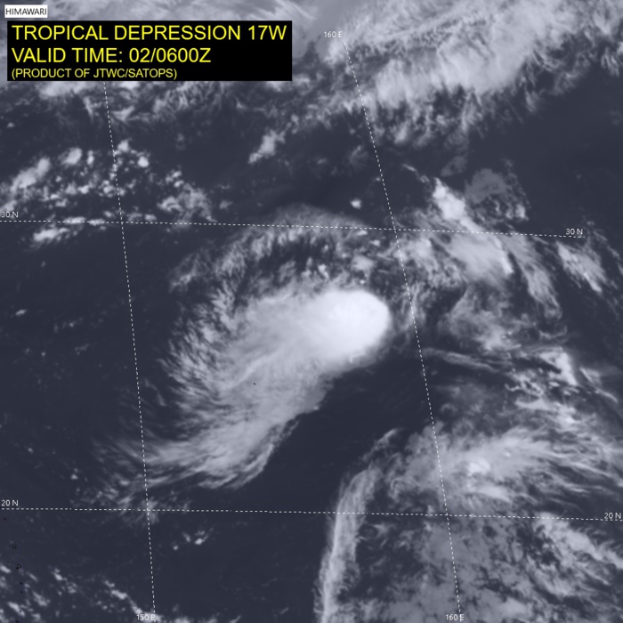 TD 17W.  SATELLITE ANALYSIS, INITIAL POSITION AND INTENSITY DISCUSSION: ANIMATED MULTISPECTRAL SATELLITE IMAGERY (MSI) DEPICTS A PARTIALLY EXPOSED LOW LEVEL CIRCULATION CENTER (LLCC) WITH FLARING DEEP CONVECTION DISPLACED TO THE WEST-SOUTHWEST OF THE LLCC. WATER VAPOR IMAGERY INDICATES TD 17W IS LOCATED TO THE NORTHEAST OF AN ELONGATED TUTT CELL WHICH HAS AIDED IN DEEPENING THE SYSTEM OVER THE PAST 24 HOURS. THE INITIAL POSITION IS PLACED WITH MEDIUM CONFIDENCE BASED ON A 020541Z SSMIS MICROWAVE IMAGE. THE INITIAL INTENSITY OF 30 KNOTS IS ASSESSED WITH MEDIUM CONFIDENCE BASED ON MULTIPLE DVORAK FIXES.