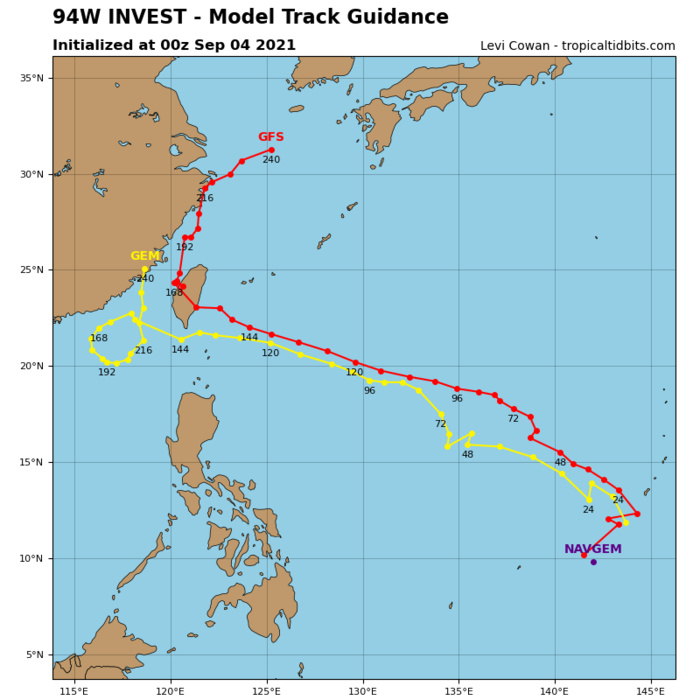INVEST 94W. GLOBAL MODELS ARE IN GOOD AGREEMENT THAT 94W WILL TRACK  NORTHWESTWARD WITH ONLY SLIGHT INTENSIFICATION OVER THE NEXT 24  HOURS.