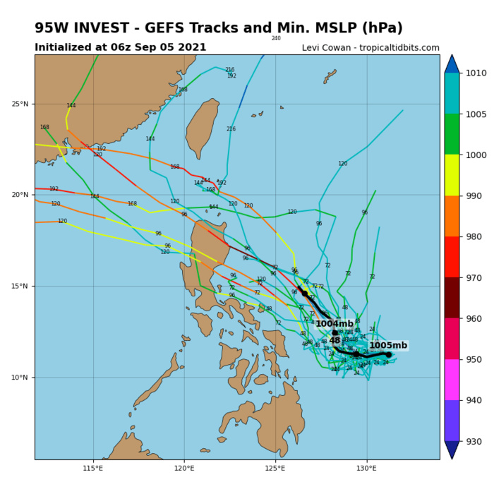 THE AREA OF CONVECTION (INVEST 95W) PREVIOUSLY LOCATED  NEAR 11.2N 131.1E IS NOW LOCATED NEAR 11.0N 129.7E, APPROXIMATELY  680 KM EAST-SOUTHEAST OF LEGAZPI, PHILIPPINES. ANIMATED EIR  SATELLITE IMAGERY DEPICTS PERSISTENT CONVECTION OBSUCRING A LOW  LEVEL CIRCULATION CENTER (LLCC) WITH LOW LEVEL CLOUD LINES WRAPPING  INTO THE CENTER. A 051148Z ASCAT PARTIAL PASS REVEALS 15-20 KT WINDS  ALONG THE OUTSKIRTS OF THE DEEP CONVECTION, AND MARGINAL WRAPPING OF  THE WINDS ON THE WESTERN PERIPHERY. INVEST 95W IS IN A FAVORABLE  ENVIRONMENT CHARACTERIZED BY EQUATORWARD OUTFLOW ALOFT, WARM (30C)  SST, AND LOW VERTICAL WIND SHEAR. GLOBAL MODELS GENERALLY AGREE THAT INVEST  95W WILL UNDERGO MINIMAL, IF ANY, CONSOLIDATION AND INTENSIFICATION  DURING THE NEXT 24 HOURS. MAXIMUM SUSTAINED SURFACE WINDS ARE  ESTIMATED AT 10 TO 15 KNOTS. MINIMUM SEA LEVEL PRESSURE IS ESTIMATED  TO BE NEAR 1010 MB. THE POTENTIAL FOR THE DEVELOPMENT OF A  SIGNIFICANT TROPICAL CYCLONE WITHIN THE NEXT 24 HOURS IS UPGRADED TO  MEDIUM. THE AREA OF CONVECTION (INVEST 95W) PREVIOUSLY LOCATED  NEAR 11.2N 131.1E IS NOW LOCATED NEAR 11.0N 129.7E, APPROXIMATELY  680 KM EAST-SOUTHEAST OF LEGAZPI, PHILIPPINES. ANIMATED EIR  SATELLITE IMAGERY DEPICTS PERSISTENT CONVECTION OBSUCRING A LOW  LEVEL CIRCULATION CENTER (LLCC) WITH LOW LEVEL CLOUD LINES WRAPPING  INTO THE CENTER. A 051148Z ASCAT PARTIAL PASS REVEALS 15-20 KT WINDS  ALONG THE OUTSKIRTS OF THE DEEP CONVECTION, AND MARGINAL WRAPPING OF  THE WINDS ON THE WESTERN PERIPHERY. INVEST 95W IS IN A FAVORABLE  ENVIRONMENT CHARACTERIZED BY EQUATORWARD OUTFLOW ALOFT, WARM (30C)  SST, AND LOW VERTICAL WIND SHEAR. GLOBAL MODELS GENERALLY AGREE THAT INVEST  95W WILL UNDERGO MINIMAL, IF ANY, CONSOLIDATION AND INTENSIFICATION  DURING THE NEXT 24 HOURS. MAXIMUM SUSTAINED SURFACE WINDS ARE  ESTIMATED AT 10 TO 15 KNOTS. MINIMUM SEA LEVEL PRESSURE IS ESTIMATED  TO BE NEAR 1010 MB. THE POTENTIAL FOR THE DEVELOPMENT OF A  SIGNIFICANT TROPICAL CYCLONE WITHIN THE NEXT 24 HOURS IS UPGRADED TO  MEDIUM.