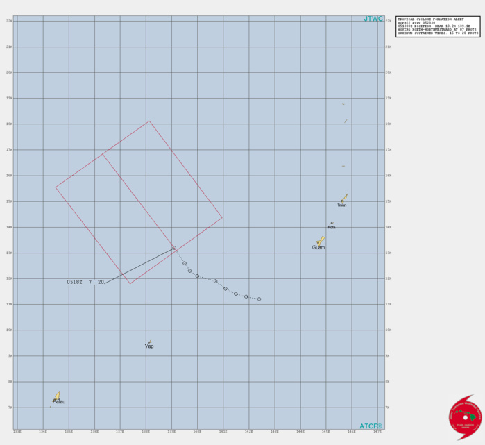 INVEST 94W. TROPICAL CYCLONE FORMATION ALERT ISSUED AT 05/2330UTC.THE AREA OF CONVECTION (INVEST 94W) PREVIOUS  LOCATED NEAR 12.6N 139.5E IS NOW LOCATED NEAR 13.2N 139.1E,   APPROXIMATELY 610 KM WEST OF ANDERSEN AFB, GUAM. ANIMATED  MULTISPECTRAL SATELLITE IMAGERY DEPICTS A COMPACT SYSTEM WITH  PERSISTENT CONVECTION. A 052101Z SSMIS 91GHZ IMAGE SHOWS  SOUTHEASTERLY FORMATIVE CONVECTIVE BAND WRAPPING INTO AN OBSCURED  LLC. UPPER-LEVEL ANALYSIS REVEALS A FAVORABLE ENVIRONMENT WITH WARM  SEA SURFACE TEMPERATURES (30C), LOW VERTICAL WIND SHEAR (05-10KT) AND EQUATORIAL  OUTFLOW.MAXIMUM SUSTAINED SURFACE WINDS ARE ESTIMATED AT 15 TO 20  KNOTS. MINIMUM SEA LEVEL PRESSURE IS ESTIMATED TO BE NEAR 1007 MB.  THE POTENTIAL FOR THE DEVELOPMENT OF A SIGNIFICANT TROPICAL CYCLONE  WITHIN THE NEXT 24 HOURS REMAINS HIGH.