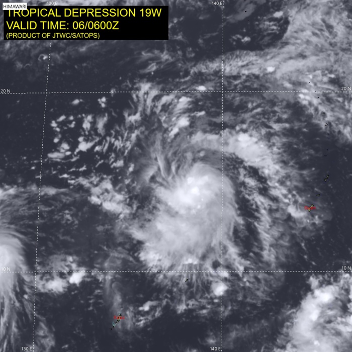 TD 19W. SATELLITE ANALYSIS, INITIAL POSITION AND INTENSITY DISCUSSION: ANIMATED MULTISPECTRAL SATELLITE IMAGERY (MSI) DEPICTS A SYSTEM WHICH IS STEADILY CONSOLIDATING WITH SUSTAINED DEEP CONVECTION OVER THE CENTER AND LOW LEVEL BANDING BEGINNING TO WRAP INTO THE CIRCULATION. THE INITIAL POSITION IS BASED ON THE PGTW POSITION FIX. THE INITIAL INTENSITY IS BASED ON MULTI-AGENCY DVORAK INTENSITY ESTIMATES AND AN EXTRAPOLATION OF A 2357Z ASCAT-B IMAGE SHOWING A BROAD FIELD OF 25 KNOT WINDS IN THE NORTHERN HALF OF THE CIRCULATION.