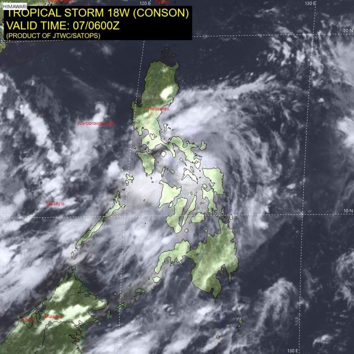 TS 18W(CONSON). SATELLITE ANALYSIS, INITIAL POSITION AND INTENSITY DISCUSSION: TROPICAL STORM 18W CONTINUES TO WEAKEN AS IT HAS TRACKED ACROSS MASBATE ISLAND OVER THE PREVIOUS SIX HOURS. ANIMATED MULTISPECTRAL SATELLITE IMAGERY (MSI) STILL INDICATES THAT THE OVERALL ROTATION ASSOCIATED WITH TS CONSON REMAINS INTACT, BUT STRUCTURALLY IT HAS BECOME SOMEWHAT RAGGED. A 070527Z AMSR2 89GHZ MICROWAVE IMAGE REVEALS WEAK SPIRAL BANDS WRAPPING INTO A RAGGED AND BROAD LOW EMISSIVITY REGION. THE INITIAL POSITION IS ASSESSED WITH HIGH CONFIDENCE BASED ON THE AMSR2 IMAGE AND SUPPORTED BY ANIMATED RADAR DATA FROM THE PHILIPPINES RADAR NETWORK. SURFACE OBSERVATIONS FROM MASBATE CITY INDICATE SOUTHEASTERLY WINDS WITH GUSTS UP TO NEAR 40 KNOTS AND SEA LEVEL PRESSURES NEAR 997MB. THE INITIAL INTENSITY OF 45 KNOTS IS BASED ON A PGTW DATA-T OF T3.0 (45 KTS) AND AN RJTD CI OF T3.0, WITH SUPPORT FROM THE SURFACE OBSERVATION FROM MASBATE CITY. ANIMATED WATER VAPOR IMAGERY SHOWS THE SYSTEM HAS GOOD RADIAL OUTFLOW WITH WEAK POLEWARD FLOW INTO A TUTT CELL POSITIONED TO THE NORTHEAST.