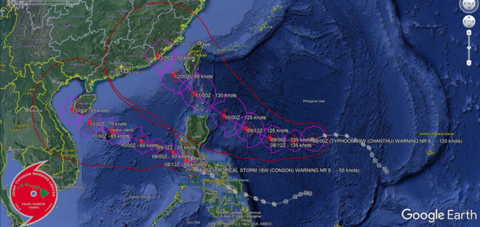 Western Pacific: 18W(CONSON) tracking over Southern Luzon,19W(CHANTHU) forecast to reach Super Typhoon intensity within 24hours,15E & 12L(LARRY) updates,08/03utc Western Pacific: 18W(CONSON) tracking over Southern Luzon,19W(CHANTHU) forecast to reach Super Typhoon intensity within 24hours,15E & 12L(LARRY) updates,08/03utc