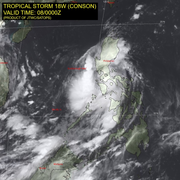 TS 18W(CONSON). SATELLITE ANALYSIS, INITIAL POSITION AND INTENSITY DISCUSSION: TS 18W HAS MAINTAINED INTENSITY WITH NO SIGNIFICANT DEGRADATION OVER THE PAST SIX HOURS. IN FACT, A 072216Z SSMIS 91GHZ MICROWAVE IMAGE INDICATES A SLIGHT IMPROVEMENT IN CONVECTIVE STRUCTURE WITH A COMPACT CORE SURROUNDING A DEFINED MICROWAVE EYE FEATURE, WHICH SUPPORTS THE INITIAL POSITION WITH MEDIUM CONFIDENCE. HOWEVER, OVER THE PAST TWO HOURS ANIMATED ENHANCED INFRARED SATELLITE IMAGERY SHOWS WEAKENING DEEP CONVECTION AS THE SYSTEM TRACKS OVER SOUTHERN LUZON. THE INITIAL INTENSITY OF 55 KNOTS IS ASSESSED WITH MEDIUM CONFIDENCE BASED ON AN AVERAGE OF RJTD, RCTP AND KNES DVORAK ESTIMATES, CONSISTENT WITH THE MICROWAVE EYE FEATURE. UPPER-LEVEL ANALYSIS INDICATES FAVORABLE OUTFLOW CONDITIONS WITH LOW VERTICAL  WIND SHEAR.