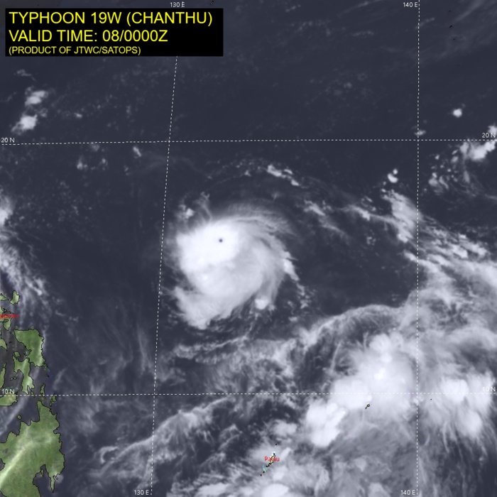 TY 19W(CHANTHU). SATELLITE ANALYSIS, INITIAL POSITION AND INTENSITY DISCUSSION: ANIMATED ENHANCED INFRARED (EIR) SATELLITE IMAGERY DEPICTS A COMPACT, SYMMETRIC CORE OF INTENSE CONVECTION SURROUNDING A 9-KM PINHOLE EYE. OBJECTIVE ADT ESTIMATES ARE NOT HANDLING THE INTENSITY WELL DUE TO THE PINHOLE EYE AND ARE VASTLY UNDERESTIMATING  THE INITIAL INTENSITY. EIR ALSO INDICATES TROCHOIDAL MOTION (WOBBLE) AS THE SYSTEM TRACKS GENERALLY WESTWARD UNDER THE STEERING INFLUENCE OF THE SUBTROPICAL RIDGE POSITIONED TO THE NORTH. UPPER-LEVEL CONDITIONS ARE VERY FAVORABLE WITH RADIAL OUTFLOW AND LOW VERTICAL WIND SHEAR. ADDITIONALLY, SST VALUES ARE CONDUCIVE AND OCEAN HEAT CONTENT VALUES ARE VERY HIGH SUPPORTING THE RECENT EXTREME RAPID INTENSIFICATION EVENT. THE INITIAL POSITION IS PLACED WITH HIGH CONFIDENCE BASED ON THE PINHOLE EYE. THE INITIAL INTENSITY OF 120 KTS/CAT 4 IS ASSESSED WITH HIGH CONFIDENCE BASED ON THE PGTW, RCTP AND KNES DVORAK ESTIMATES.