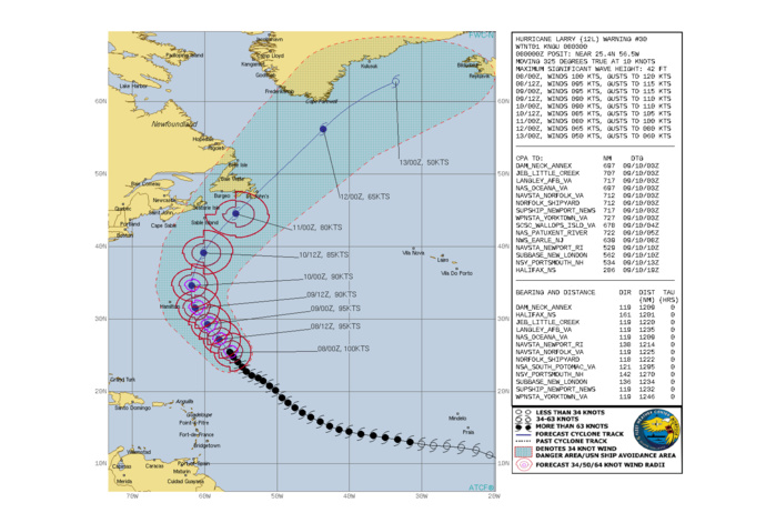 ATLANTIC. HU 12L(LARRY). WARNING 30 ISSUED AT 08/03UTC. CURRENT INTENSITY IS 100KNOTS/CAT 3 AND IS FORECAST TO DECREASE TO 85KNOTS/CAT 2 BY 10/12UTC AND 50KNOTS BY 13/00UTC.